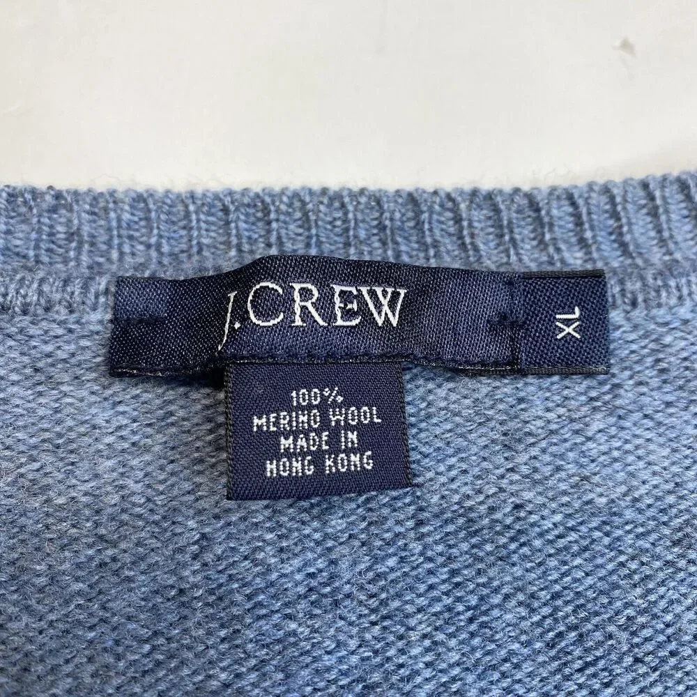 Merino Wool Sweater Mens XL J Crew Blue Long Sleeve Knit V-Neck Casual Top